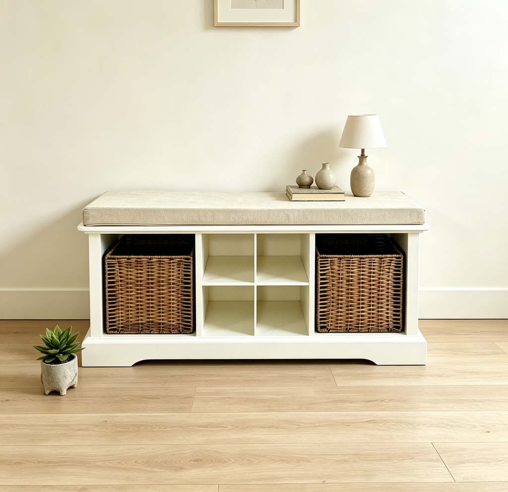 Banc de rangement d'entrée en bois blanc