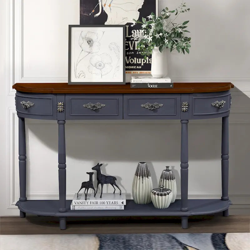 Table console demi-lune circulaire de 132 cm avec étagère ouverte et 2 tiroirs