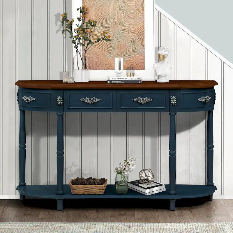 Table console demi-lune circulaire de 132 cm avec étagère ouverte et 2 tiroirs
