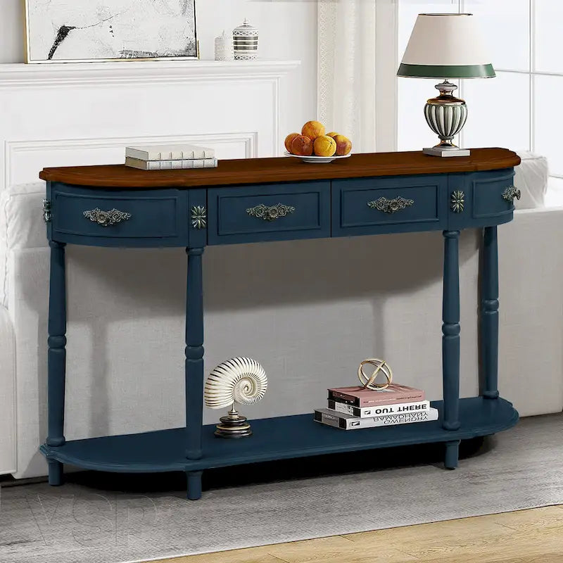 Table console demi-lune circulaire de 132 cm avec étagère ouverte et 2 tiroirs