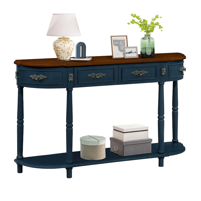 Table console demi-lune circulaire de 132 cm avec étagère ouverte et 2 tiroirs
