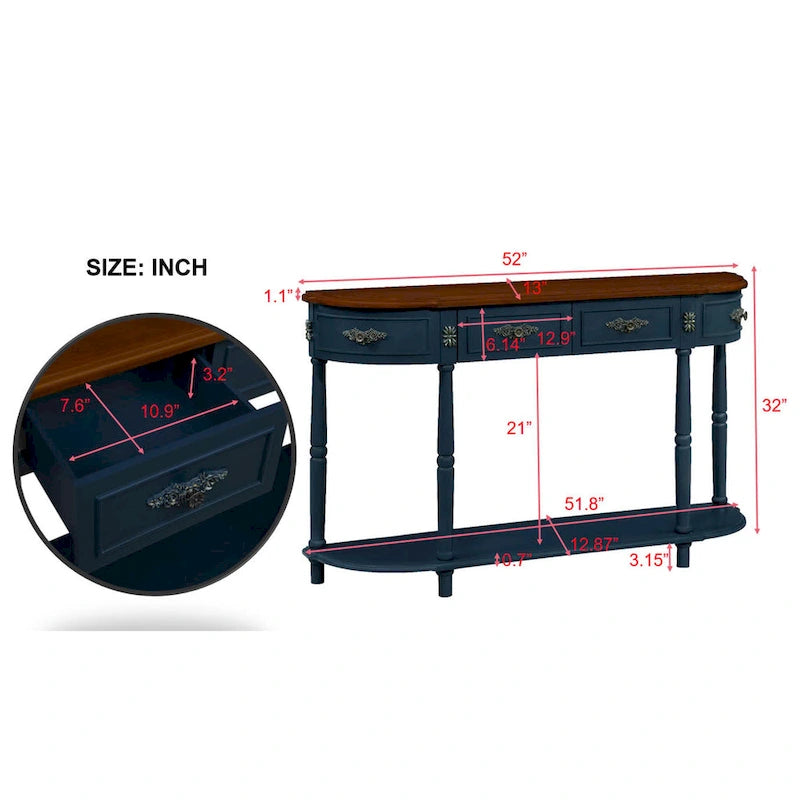 Table console demi-lune circulaire de 132 cm avec étagère ouverte et 2 tiroirs