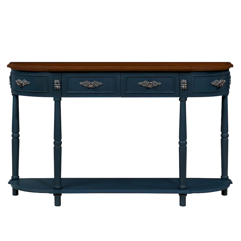 Table console demi-lune circulaire de 132 cm avec étagère ouverte et 2 tiroirs