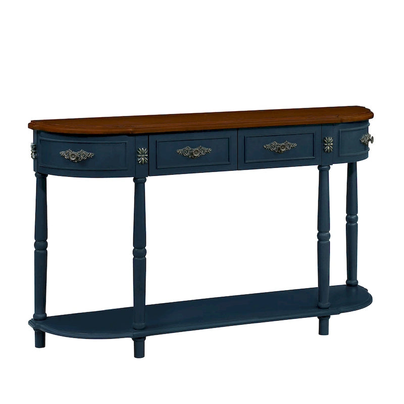 Table console demi-lune circulaire de 132 cm avec étagère ouverte et 2 tiroirs
