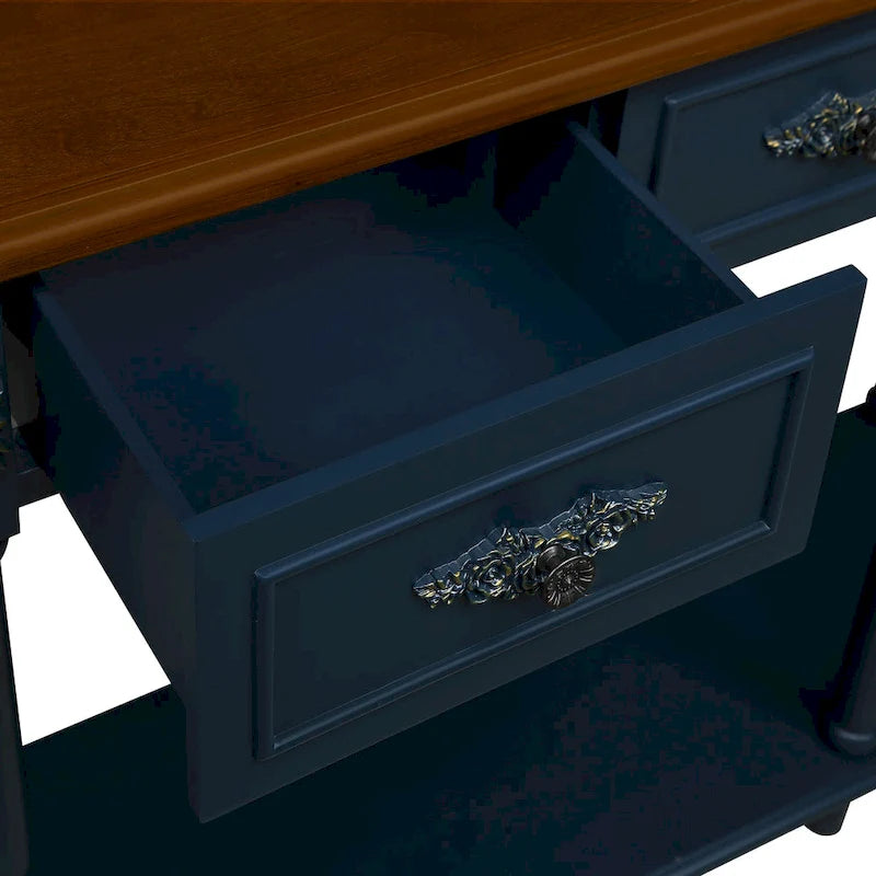 Table console demi-lune circulaire de 132 cm avec étagère ouverte et 2 tiroirs