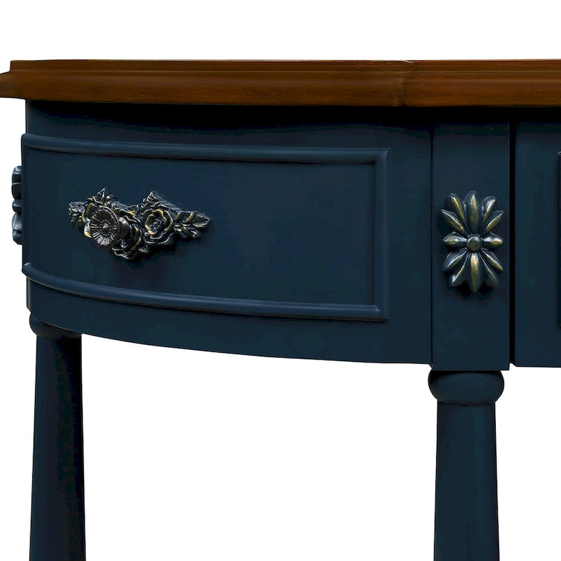 Table console demi-lune circulaire de 132 cm avec étagère ouverte et 2 tiroirs
