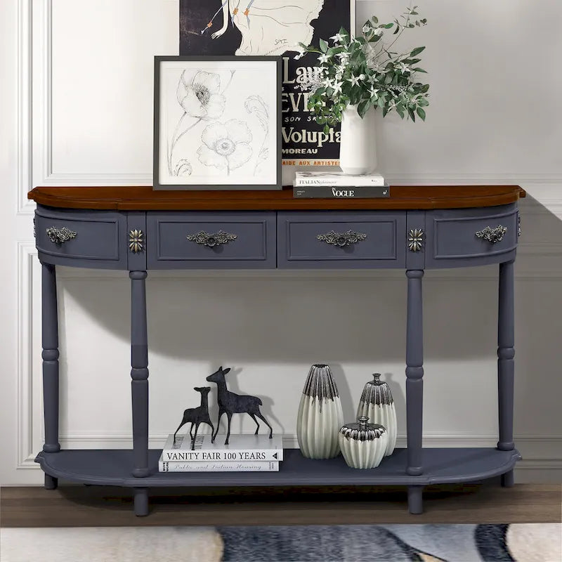 Table console demi-lune circulaire de 132 cm avec étagère ouverte et 2 tiroirs