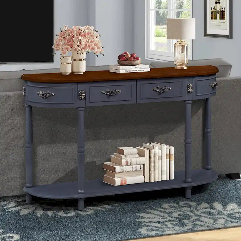 Table console demi-lune circulaire de 132 cm avec étagère ouverte et 2 tiroirs