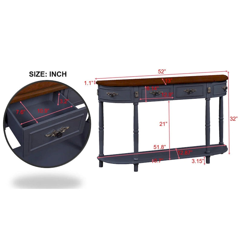 Table console demi-lune circulaire de 132 cm avec étagère ouverte et 2 tiroirs