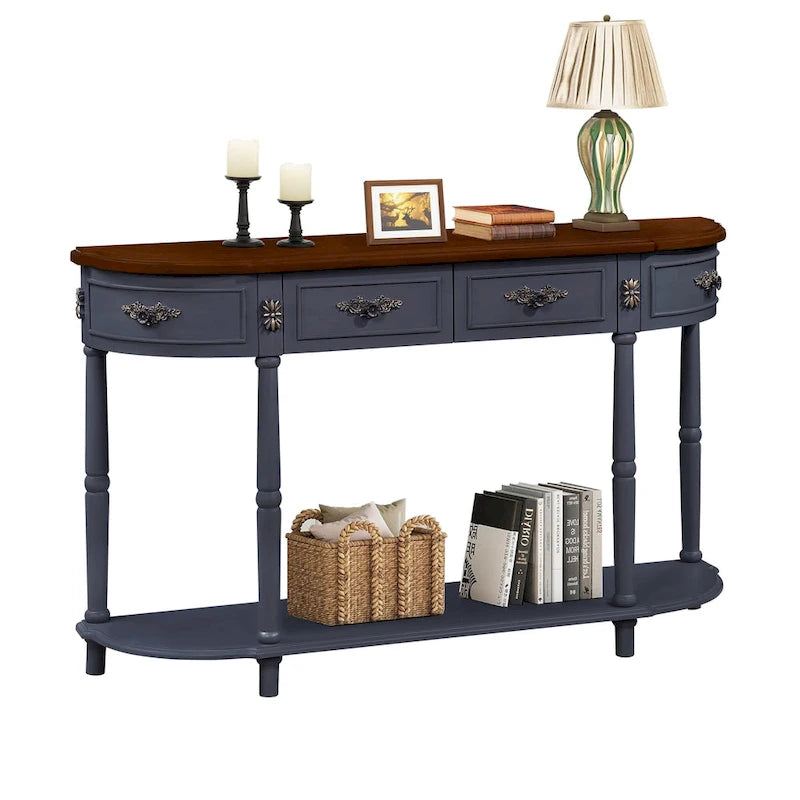 Table console demi-lune circulaire de 132 cm avec étagère ouverte et 2 tiroirs