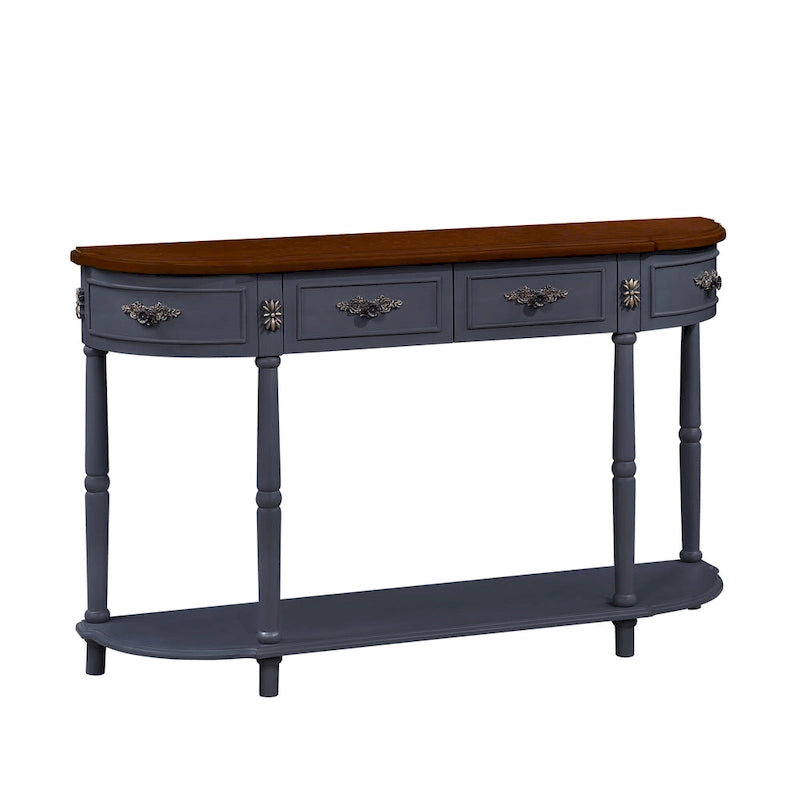 Table console demi-lune circulaire de 132 cm avec étagère ouverte et 2 tiroirs
