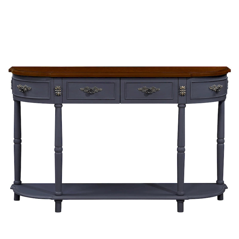 Table console demi-lune circulaire de 132 cm avec étagère ouverte et 2 tiroirs