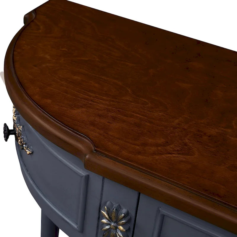 Table console demi-lune circulaire de 132 cm avec étagère ouverte et 2 tiroirs