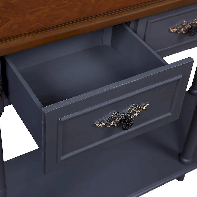 Table console demi-lune circulaire de 132 cm avec étagère ouverte et 2 tiroirs