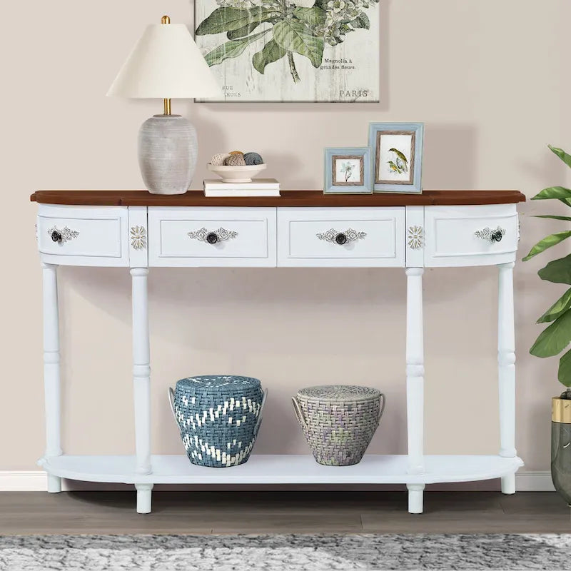 Table console demi-lune circulaire de 132 cm avec étagère ouverte et 2 tiroirs