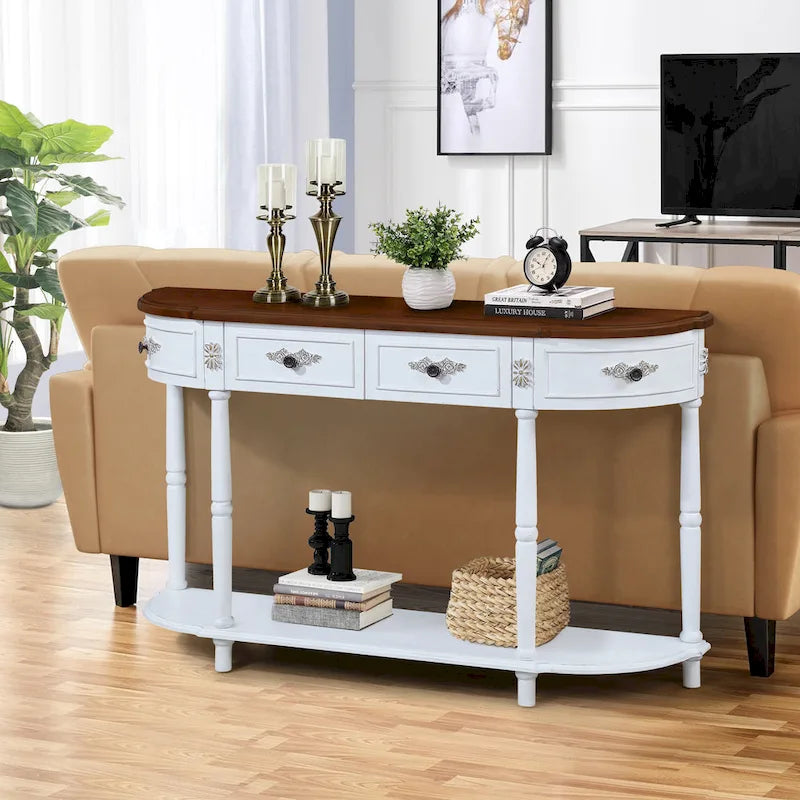 Table console demi-lune circulaire de 132 cm avec étagère ouverte et 2 tiroirs