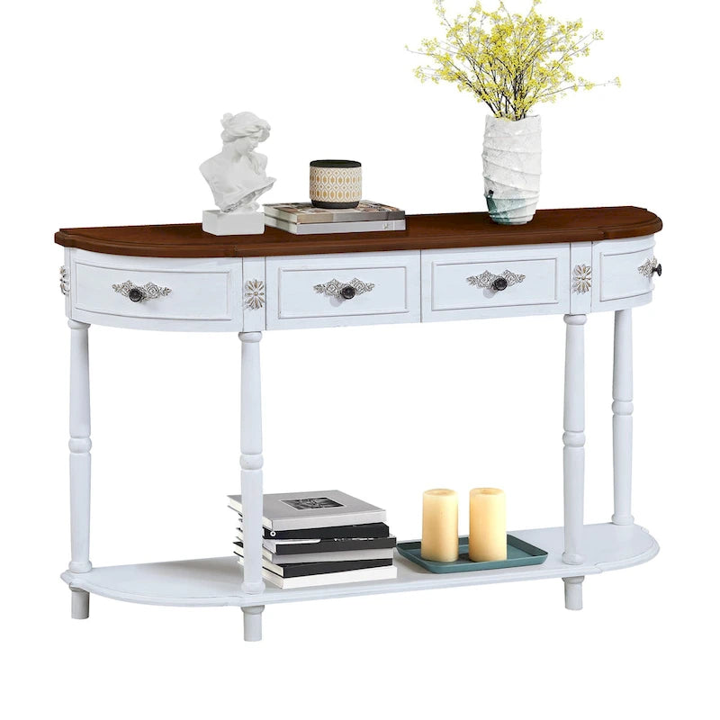 Table console demi-lune circulaire de 132 cm avec étagère ouverte et 2 tiroirs