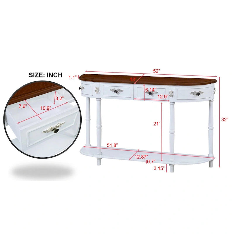 Table console demi-lune circulaire de 132 cm avec étagère ouverte et 2 tiroirs