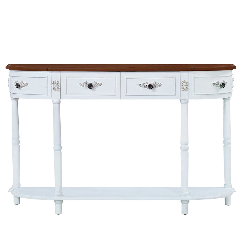 Table console demi-lune circulaire de 132 cm avec étagère ouverte et 2 tiroirs
