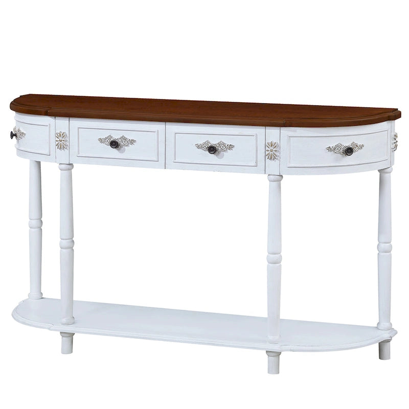 Table console demi-lune circulaire de 132 cm avec étagère ouverte et 2 tiroirs