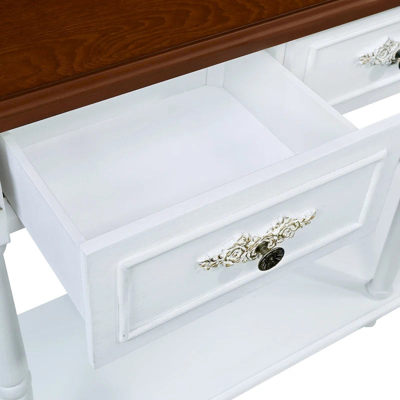 Table console demi-lune circulaire de 132 cm avec étagère ouverte et 2 tiroirs