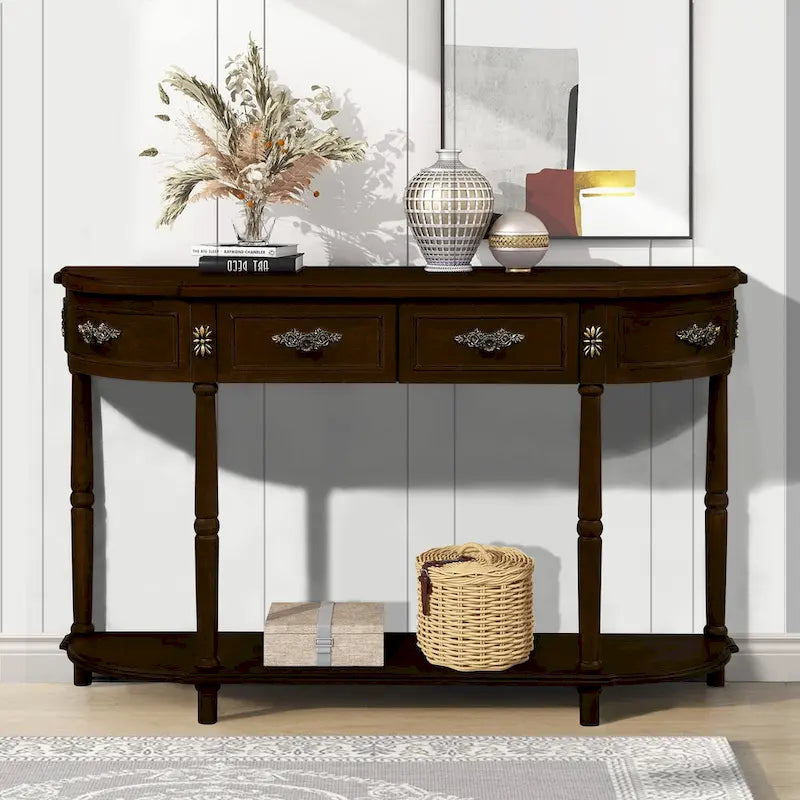 Table console demi-lune circulaire de 132 cm avec étagère ouverte et 2 tiroirs