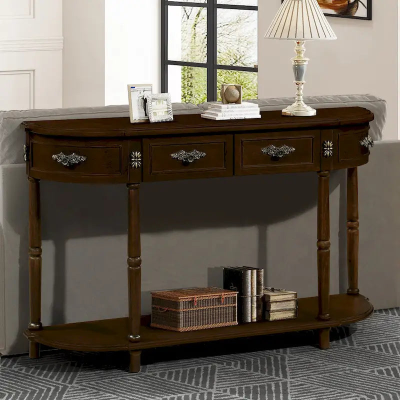 Table console demi-lune circulaire de 132 cm avec étagère ouverte et 2 tiroirs
