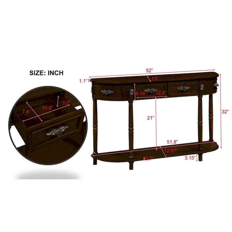 Table console demi-lune circulaire de 132 cm avec étagère ouverte et 2 tiroirs