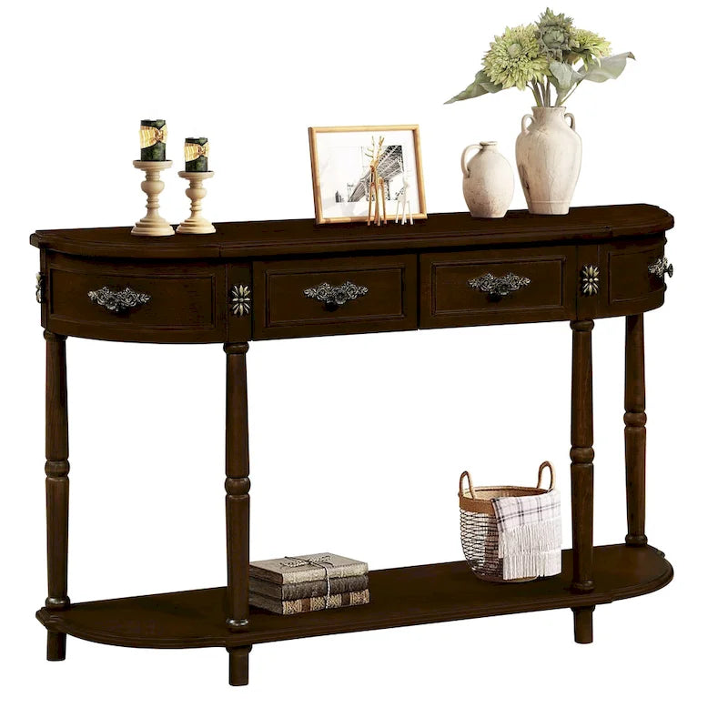 Table console demi-lune circulaire de 132 cm avec étagère ouverte et 2 tiroirs