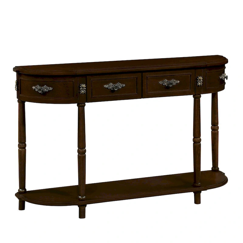 Table console demi-lune circulaire de 132 cm avec étagère ouverte et 2 tiroirs