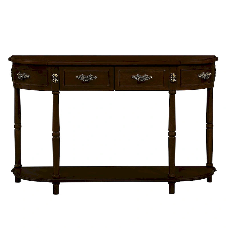 Table console demi-lune circulaire de 132 cm avec étagère ouverte et 2 tiroirs