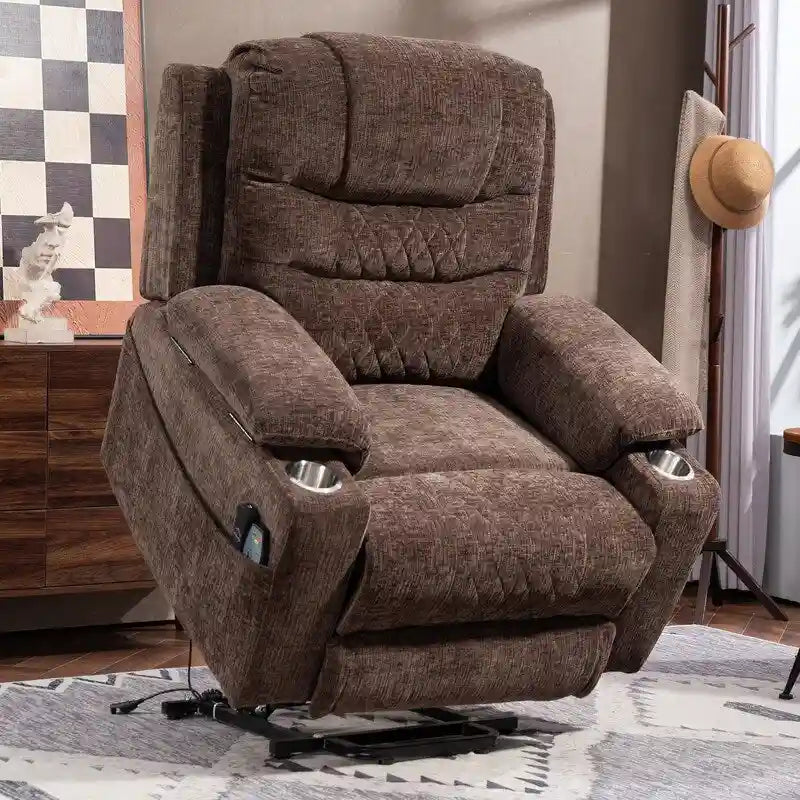 Fauteuil inclinable électrique rembourré avec repose-pieds étendu, assistance au levage, chaleur/massage, recharge USB/Type C et rangement