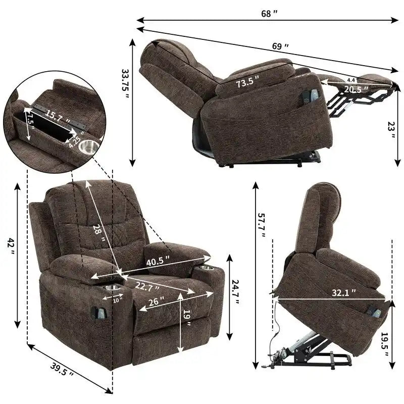 Fauteuil inclinable électrique rembourré avec repose-pieds étendu, assistance au levage, chaleur/massage, recharge USB/Type C et rangement