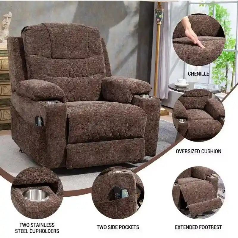 Fauteuil inclinable électrique rembourré avec repose-pieds étendu, assistance au levage, chaleur/massage, recharge USB/Type C et rangement