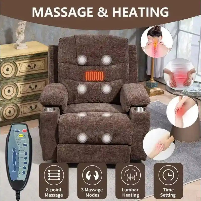 Fauteuil inclinable électrique rembourré avec repose-pieds étendu, assistance au levage, chaleur/massage, recharge USB/Type C et rangement