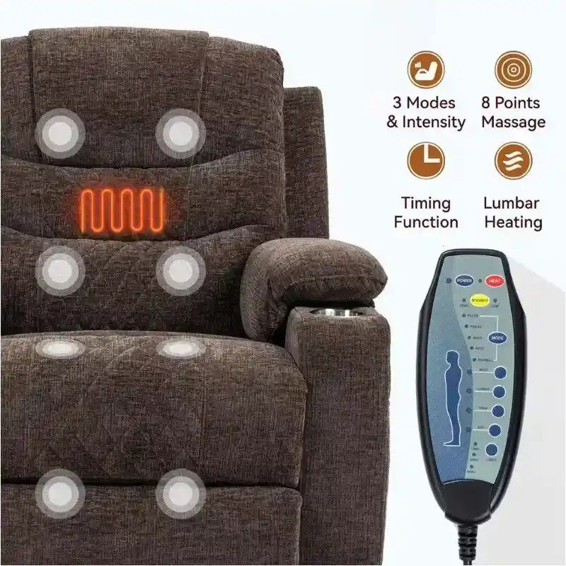 Fauteuil inclinable électrique rembourré avec repose-pieds étendu, assistance au levage, chaleur/massage, recharge USB/Type C et rangement