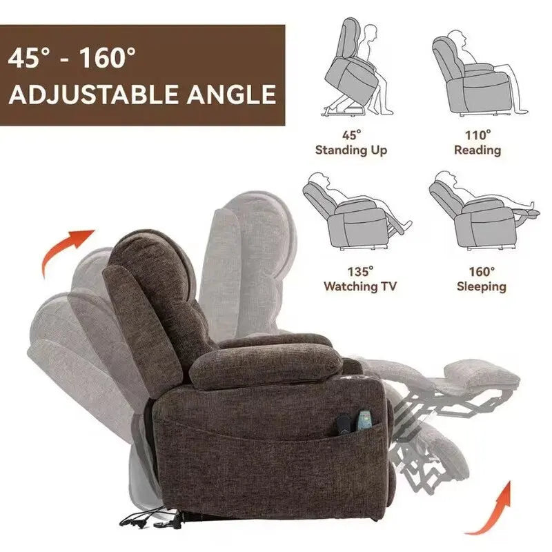 Fauteuil inclinable électrique rembourré avec repose-pieds étendu, assistance au levage, chaleur/massage, recharge USB/Type C et rangement
