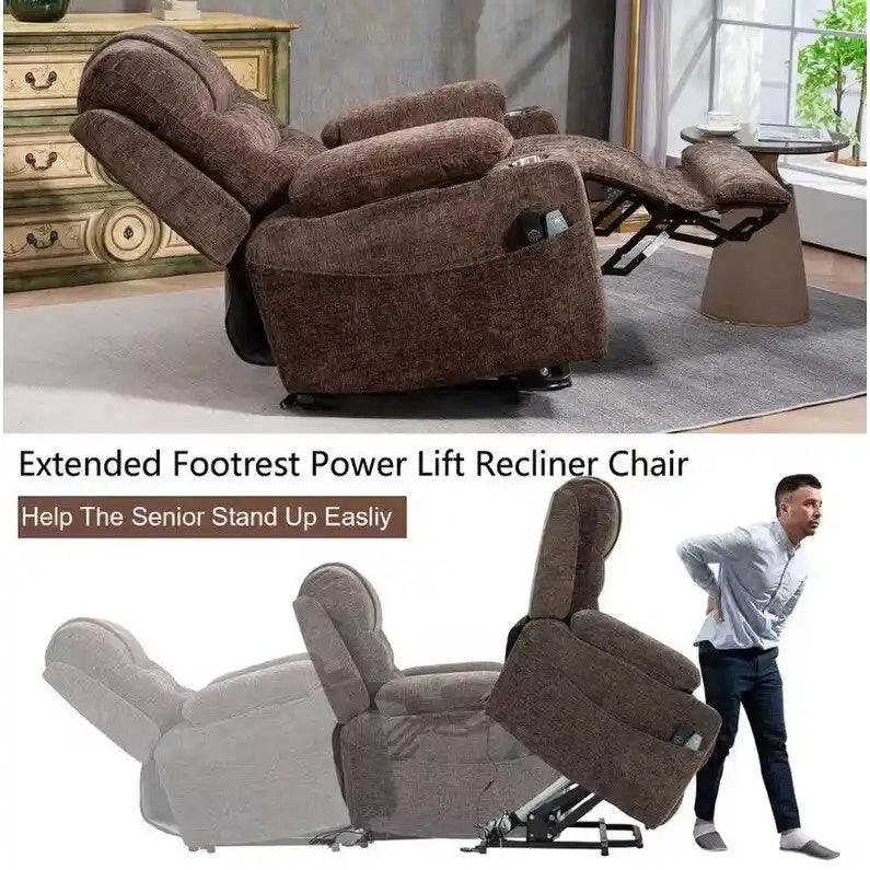 Fauteuil inclinable électrique rembourré avec repose-pieds étendu, assistance au levage, chaleur/massage, recharge USB/Type C et rangement