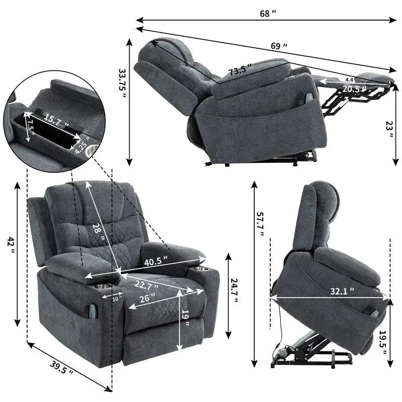 Fauteuil inclinable électrique rembourré avec repose-pieds étendu, assistance au levage, chaleur/massage, recharge USB/Type C et rangement