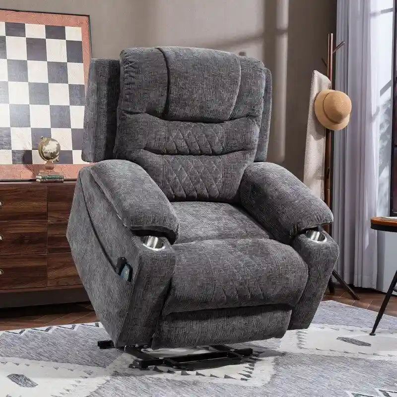 Fauteuil inclinable électrique rembourré avec repose-pieds étendu, assistance au levage, chaleur/massage, recharge USB/Type C et rangement