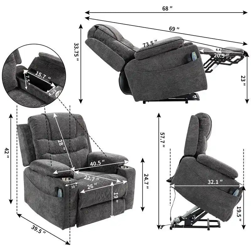 Fauteuil inclinable électrique rembourré avec repose-pieds étendu, assistance au levage, chaleur/massage, recharge USB/Type C et rangement