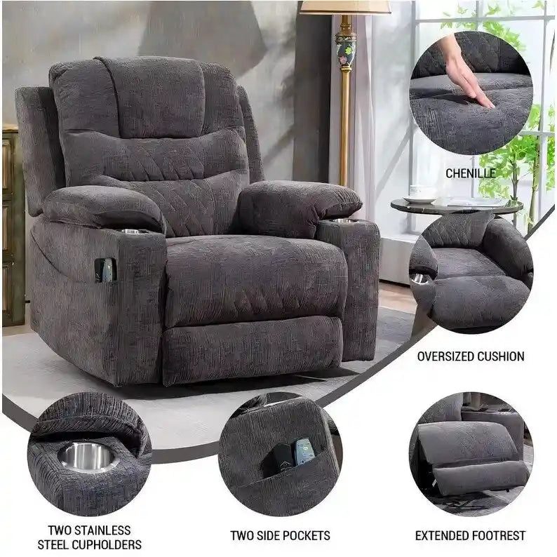 Fauteuil inclinable électrique rembourré avec repose-pieds étendu, assistance au levage, chaleur/massage, recharge USB/Type C et rangement