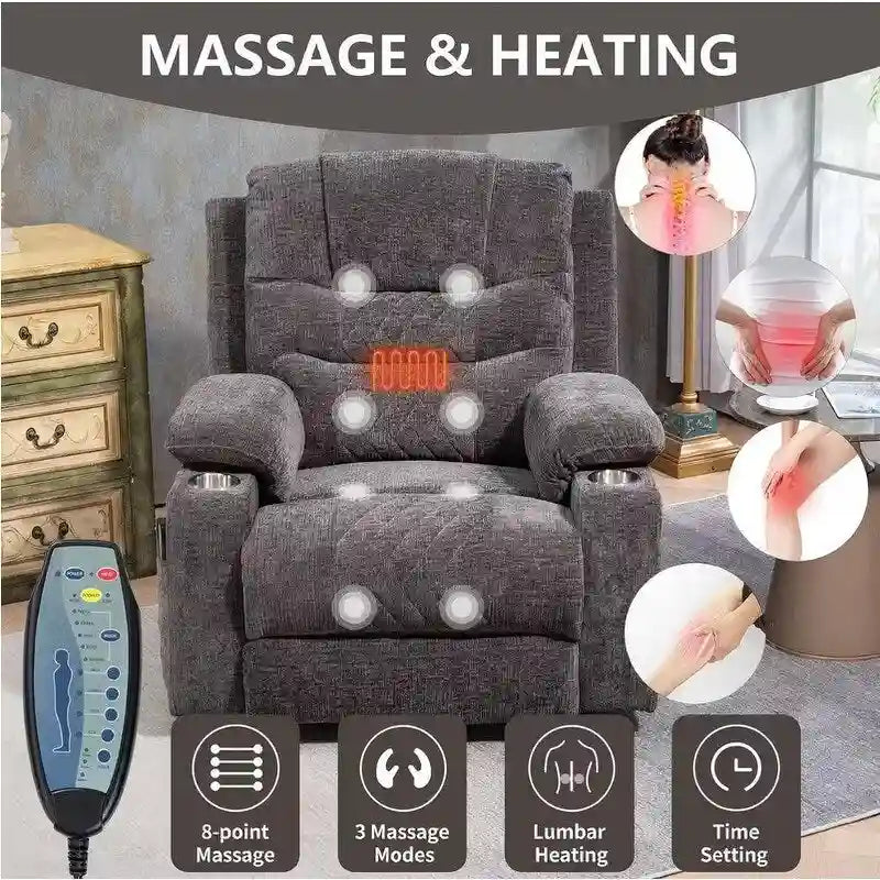 Fauteuil inclinable électrique rembourré avec repose-pieds étendu, assistance au levage, chaleur/massage, recharge USB/Type C et rangement