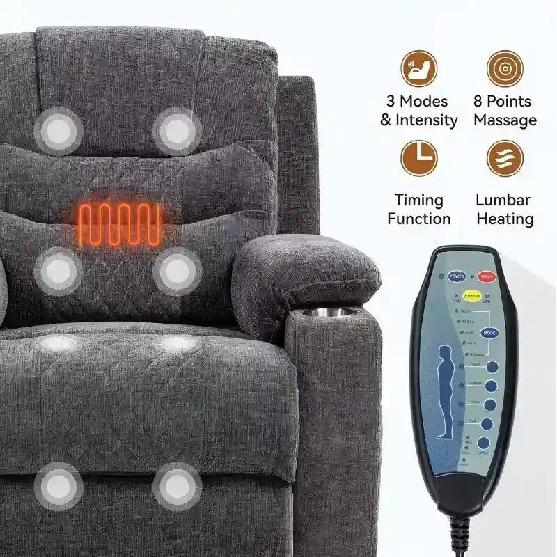 Fauteuil inclinable électrique rembourré avec repose-pieds étendu, assistance au levage, chaleur/massage, recharge USB/Type C et rangement
