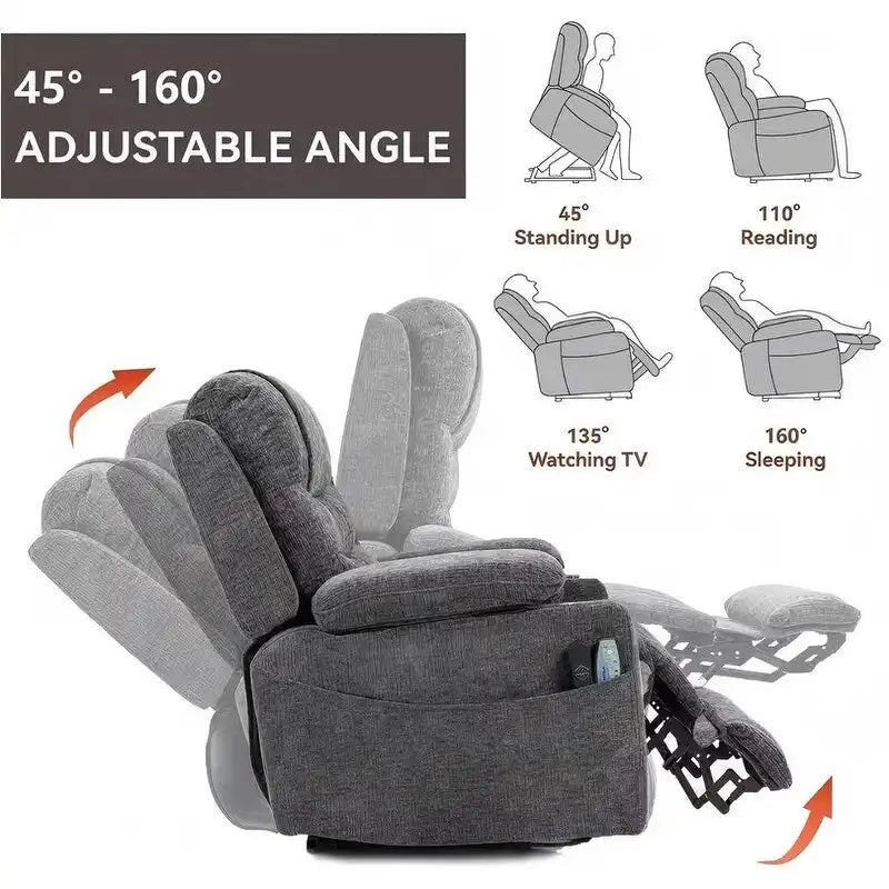 Fauteuil inclinable électrique rembourré avec repose-pieds étendu, assistance au levage, chaleur/massage, recharge USB/Type C et rangement
