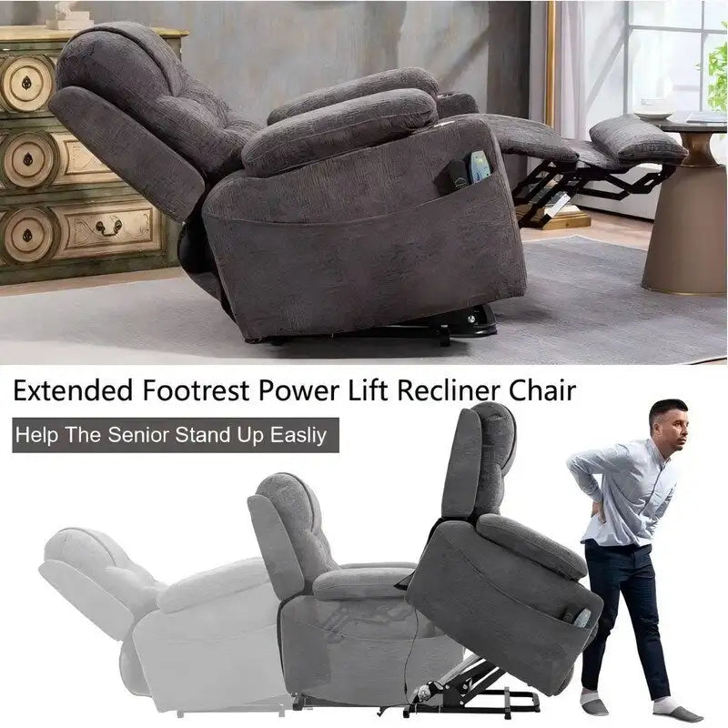 Fauteuil inclinable électrique rembourré avec repose-pieds étendu, assistance au levage, chaleur/massage, recharge USB/Type C et rangement