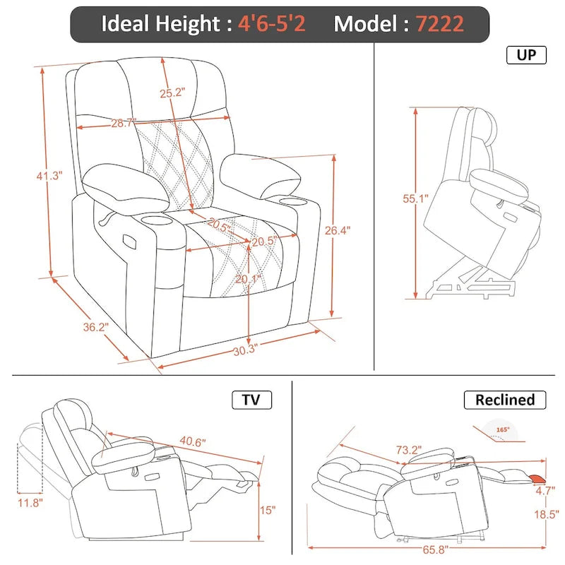 Petit fauteuil inclinable électrique double moteur avec massage, double chauffage, appui-tête réglable, tissu 7222