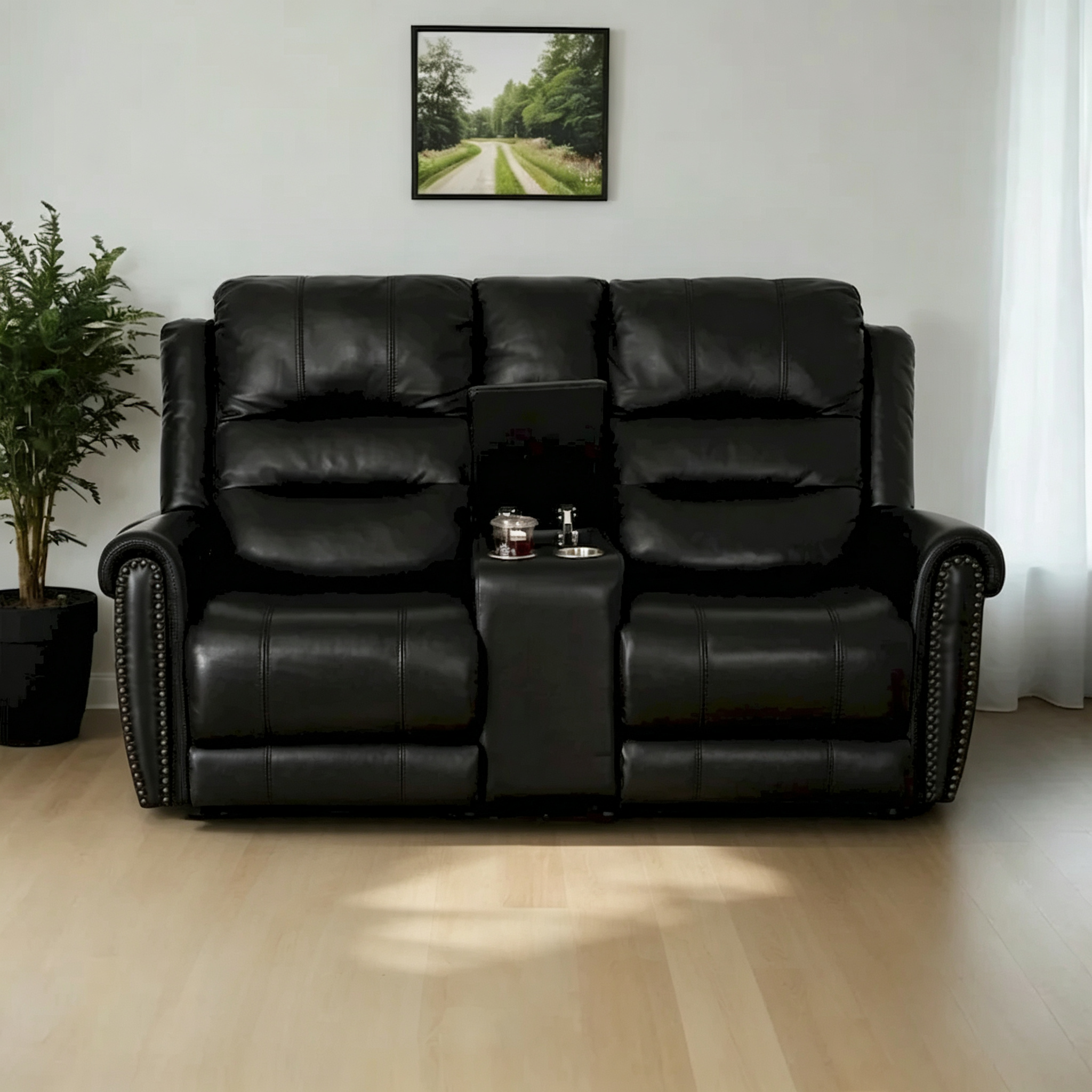 Canapé, Causeuse et Fauteuil Inclinables Électriques Noirs en Cuir Véritable avec Appuie-tête Réglable et Repose-pieds Extensible