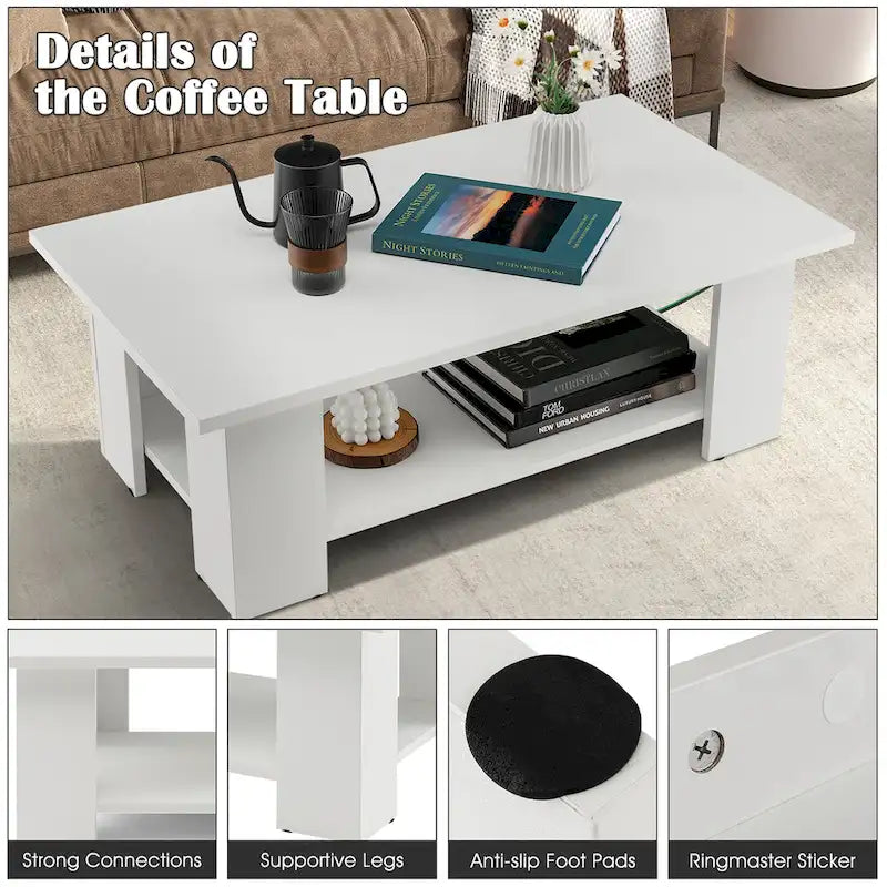 Table basse en bois de 36 pouces avec étagère de rangement, table de thé à 2 niveaux