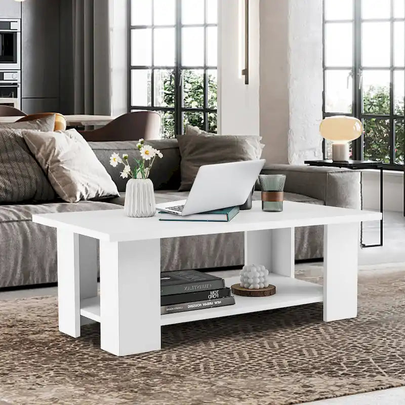 Table basse en bois de 36 pouces avec étagère de rangement, table de thé à 2 niveaux